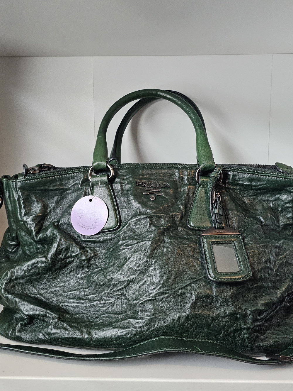 Prada Dark Green Crinkled Leather Satchel with Top Handles